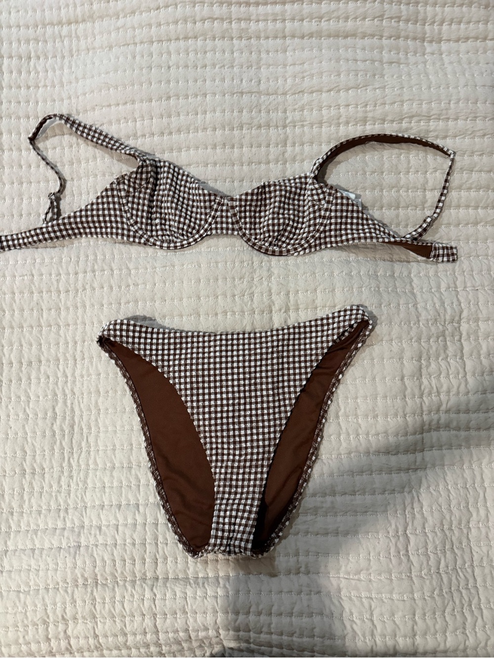 Brown and white gingham, two-piece Abercrombie swimsuit